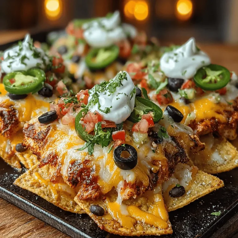 When it comes to garnishing your Cheesy Fiesta Chicken Nachos, avocado is a standout choice. Its creamy texture and fresh flavor enhance the overall taste profile of the dish, providing a delightful contrast to the savory elements. Not only does it add richness, but it also brings a vibrant green color that boosts the visual appeal of your nachos. Sliced or diced, avocados can be spread across the nachos just before serving, ensuring they remain fresh and flavorful.