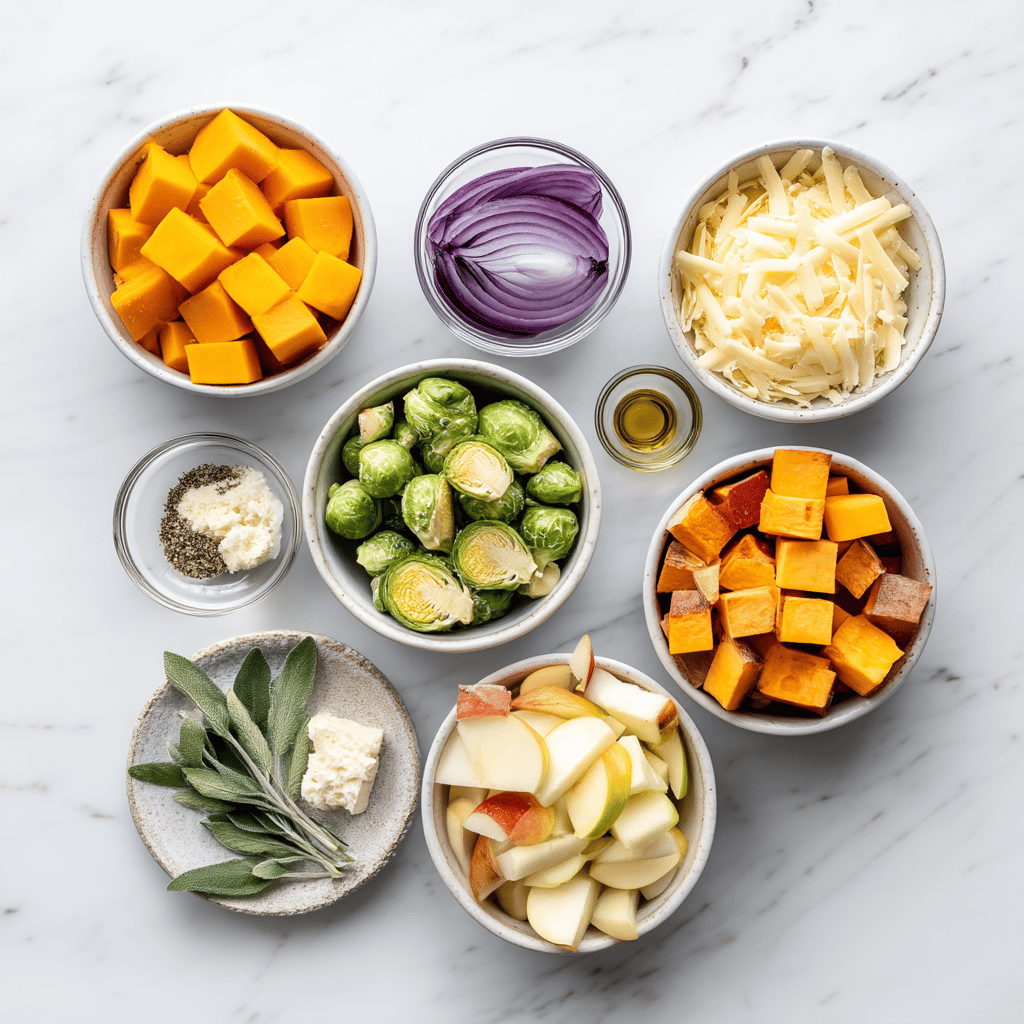 Ingredients for Cheesy Fall Harvest Sheet Pan Comfort with Apples and Sage