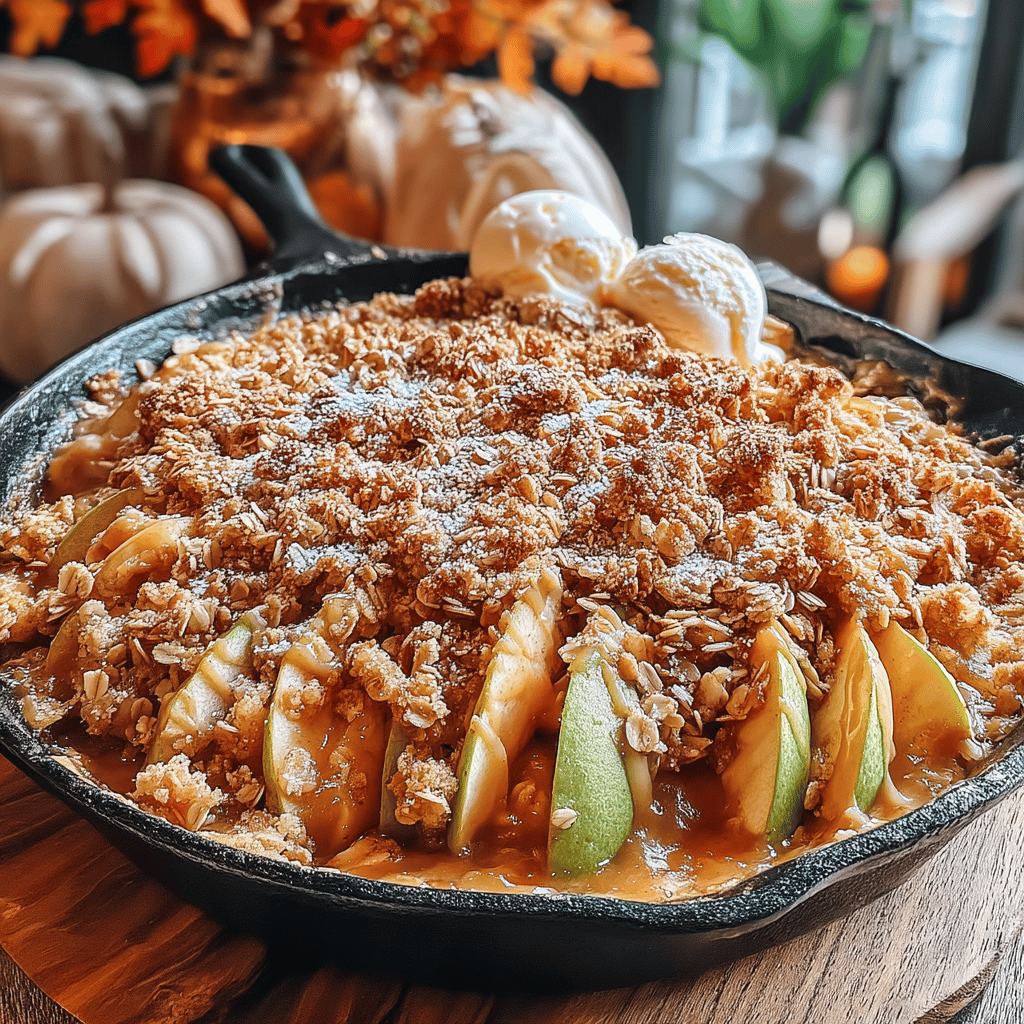 Welcome to the cozy world of desserts that don’t compromise on health! Today, I’m excited to share a delightful recipe for <strong>Quick Skillet Apple Crisp with a Healthy Twist</strong>. This dish captures the essence of fall, showcasing the warm, aromatic flavors of baked apples and a crunchy topping that will make your taste buds sing.” /></p>
<h2>Key Ingredients</h2>
<ol>
<li><strong>Apples</strong> – 4 medium-sized, preferably a mix of sweet and tart varieties (like Honeycrisp and Granny Smith), peeled, cored, and sliced.</li>
<li><strong>Oats</strong> – 1 cup of rolled oats for the crisp topping, providing fiber and texture.</li>
<li><strong>Almond flour</strong> – ½ cup for a gluten-free twist and a nutty flavor.</li>
<li><strong>Coconut oil</strong> – ¼ cup melted, as a healthier fat option.</li>
<li><strong>Maple syrup</strong> – 2-3 tablespoons for natural sweetness without refined sugar.</li>
<li><strong>Cinnamon</strong> – 1 teaspoon for warming spice; feel free to add more to taste.</li>
<li><strong>Nutmeg</strong> – A pinch for added depth of flavor.</li>
<li><strong>Salt</strong> – A pinch to enhance the sweetness of the apples.</li>
<li><strong>Chopped nuts</strong> – ½ cup mixed nuts (such as walnuts or pecans) for healthy fats and added crunch.</li>
<li><strong>Vanilla extract</strong> – 1 teaspoon to elevate the flavor profile.</li>
</ol>
<p>Feel free to customize the ingredients based on your dietary preferences and what you have on hand!</p>
<h2>Baking Process</h2>
<ol>
<li><strong>Gather Your Ingredients</strong><br />
   Start by preparing all your ingredients. You will need:  </li>
<li>3 large apples (Granny Smith or Honeycrisp work well), peeled, cored, and sliced  </li>
<li>1/2 cup rolled oats  </li>
<li>1/4 cup whole wheat flour  </li>
<li>1/4 cup chopped nuts (walnuts or pecans)  </li>
<li>1/4 cup natural sweetener (like maple syrup or honey)  </li>
<li>1 teaspoon cinnamon  </li>
<li>1/4 teaspoon nutmeg (optional)  </li>
<li>2 tablespoons coconut oil or unsalted butter  </li>
<li>A pinch of salt  </li>
<li>
<p>A squeeze of lemon juice  </p>
</li>
<li>
<p><strong>Prep the Apples</strong><br />
   In a mixing bowl, combine the sliced apples with a squeeze of lemon juice, cinnamon, nutmeg (if using), and a tablespoon of the natural sweetener. This not only infuses the apples with flavor but also helps prevent oxidation. Allow the mixture to sit for about 10 minutes.</p>
</li>
<li>
<p><strong>Prepare the Skillet</strong><br />
   While the apples are resting, heat a medium-sized skillet over medium heat. Add the coconut oil or butter, letting it melt and coat the bottom of the skillet.</p>
</li>
<li>
<p><strong>Cook the Apples</strong><br />
   Once the skillet is hot, add the apple mixture. Cook for about 5-7 minutes, stirring occasionally until the apples are just tender. You want them to soften slightly but still hold their shape as they will continue to cook when you add the topping.</p>
</li>
<li>
<p><strong>Make the Crisp Topping</strong><br />
   In a separate bowl, mix together the rolled oats, whole wheat flour, chopped nuts, remaining sweetener, and a pinch of salt. Stir in a tablespoon of melted coconut oil or butter until everything is well combined and crumbly.</p>
</li>
<li>
<p><strong>Assemble the Crisp</strong><br />
   Once the apples are tender, sprinkle the oat topping evenly over the apples in the skillet. Spread it out gently but evenly to ensure nice coverage.</p>
</li>
<li>
<p><strong>Bake It</strong><br />
   Preheat your oven to 350°F (175°C). Move the skillet into the oven and bake for about 15-20 minutes, or until the topping is golden brown and crisp. If you don’t have an oven-safe skillet, transfer the apple mixture to a greased baking dish and then sprinkle the topping over it before placing it in the oven.</p>
</li>
<li>
<p><strong>Cool and Serve</strong><br />
   Once baked, remove the skillet from the oven and let it cool for a few minutes. The crisp can be enjoyed warm, and for an extra treat, serve it with a dollop of Greek yogurt or a scoop of vanilla ice cream for a delicious contrast.</p>
</li>
</ol>
<p>And there you have it! A simple, quick skillet apple crisp that incorporates healthier ingredients without sacrificing flavor. Perfect for a cozy dessert any time of year!</p>
<h2>Serving Suggestions</h2>
<ol>
<li>
<p><strong>À La Mode Delight</strong>: Serve your warm skillet apple crisp with a scoop of your favorite ice cream or dairy-free frozen yogurt on top. The creamy texture contrasts beautifully with the crisp topping.</p>
</li>
<li>
<p><strong>Whipped Yogurt Topping</strong>: For a healthier option, top your apple crisp with a dollop of Greek yogurt or whipped coconut cream. This adds a nice creaminess while keeping it light and nutritious.</p>
</li>
<li>
<p><strong>Nutty Crunch</strong>: Sprinkle some toasted walnuts, almonds, or pecans on top of the apple crisp just before serving to add an extra layer of flavor and a satisfying crunch.</p>
</li>
<li>
<p><strong>Serve with Chai Tea</strong>: Pair your apple crisp with a warm cup of chai tea or herbal tea for a cozy dessert experience. The spices in the tea complement the flavors of the crisp nicely.</p>
</li>
<li>
<p><strong>Breakfast Boost</strong>: Consider serving leftovers as a breakfast dish! Add a splash of milk or almond milk, microwave it for a few seconds, and enjoy it warm as a healthy way to start your day.</p>
</li>
<li>
<p><strong>Fresh Fruit Garnish</strong>: Add slices of fresh fruit like bananas or berries on top before serving to enhance the dish’s freshness and visual appeal.</p>
</li>
<li>
<p><strong>Maple Drizzle</strong>: Drizzle a bit of pure maple syrup over the crisp right before serving for an added touch of sweetness that pairs perfectly with the warmth of the apples.</p>
</li>
<li>
<p><strong>Cinnamon Sugar Dust</strong>: Lightly dust the top of your skillet apple crisp with a cinnamon-sugar mixture for an extra bit of aromatic flavor and visual appeal.</p>
</li>
</ol>
<p>Whichever way you choose to serve your Quick Skillet Apple Crisp, it’s sure to be a hit! Enjoy!</p>
<h2>Conclusion</h2>
<p>This Quick Skillet Apple Crisp with a Healthy Twist is not just a delightful treat; it’s a celebration of flavor and nutrition that can be enjoyed any time of year. By using wholesome ingredients like oats, nuts, and a hint of natural sweeteners, you can indulge in a dessert that satisfies your sweet tooth without the guilt. The ease of preparation makes it a perfect option for busy weeknights or unexpected guests, allowing you to impress everyone with minimal effort. </p>
<p>Feel free to customize the recipe to suit your taste—whether it’s adding more spices, swapping out the apples for your favorite fruits, or experimenting with different nut combinations. This versatile dish can easily become a family favorite that you’ll want to revisit time and again. </p>
<p>So grab your skillet and whip up this delicious, healthy apple crisp—the comforting aroma will fill your kitchen and the heartwarming flavor will surely create lasting memories. Enjoy every spoonful, knowing you’re making a deliciously nutritious choice!</p>
<div id=
